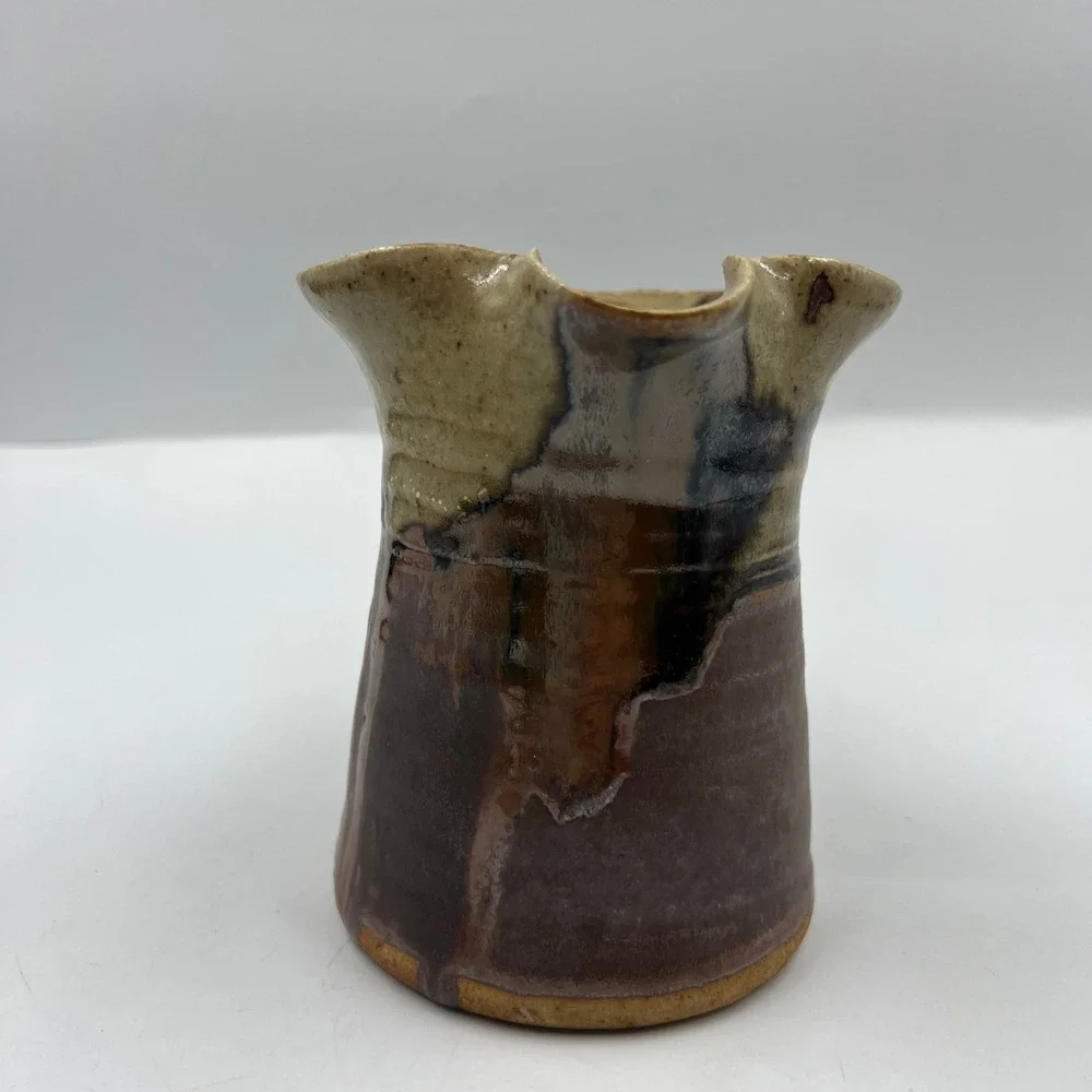 Vtg Handmade Stoneware Pitcher Brown Tan Drip Glaze Signed Studio Pottery